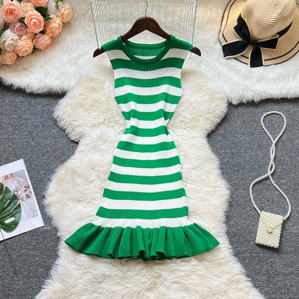 Ruffled Striped Knit Mini Dress For Summer Party Look