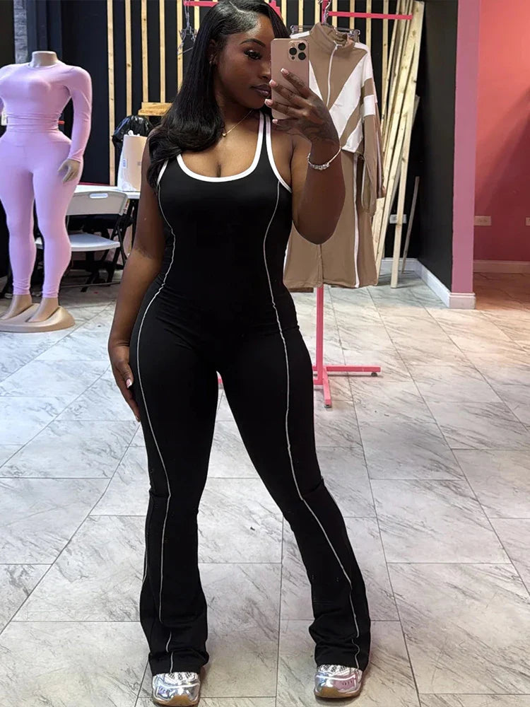 Casual Stripe Panelled Sleeveless Jumpsuit For Women U-Neck Stretch Backless One Piece Active Summer Overalls