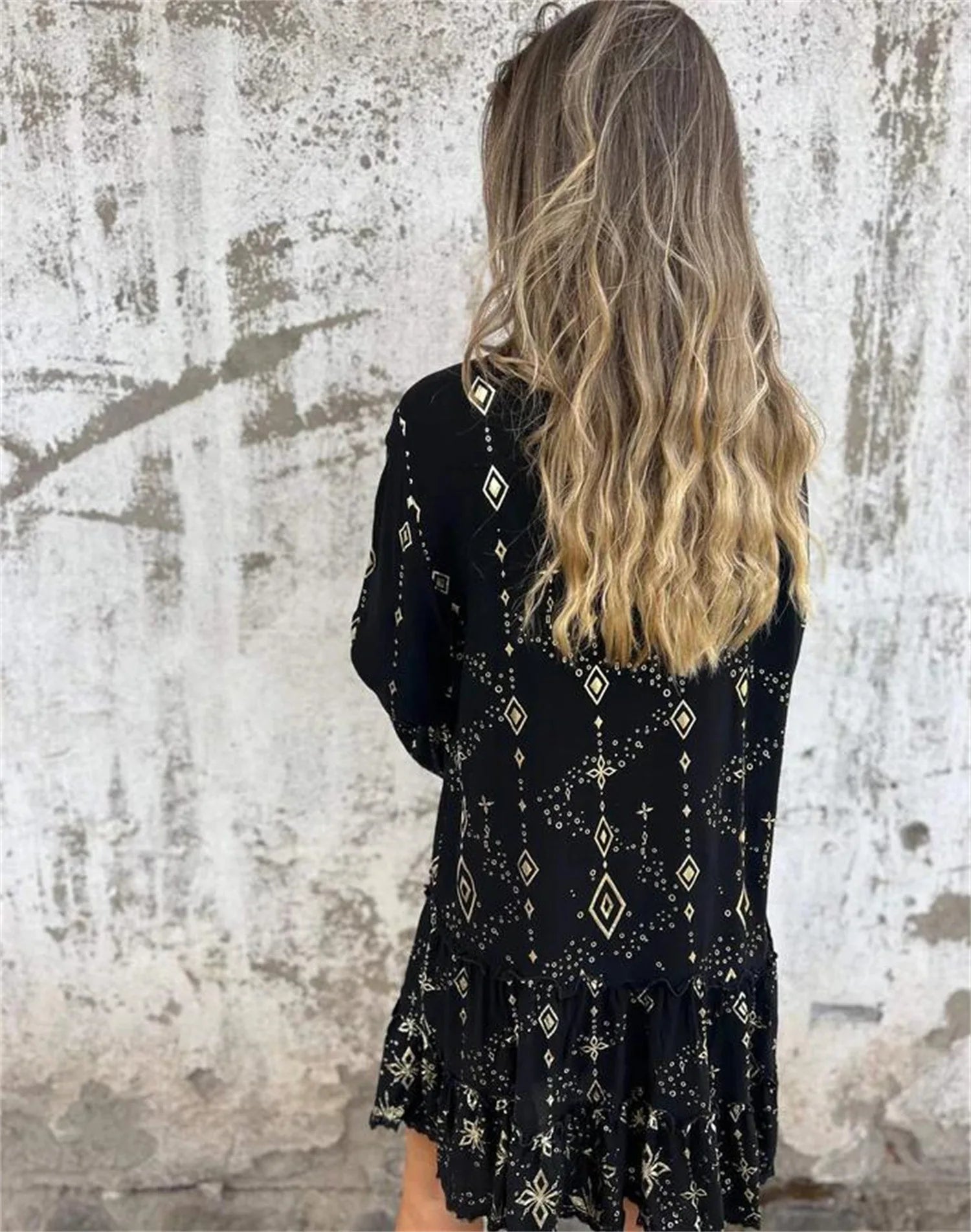 Gold Embossed Lace Sleeve Hollow Out Dress For Women