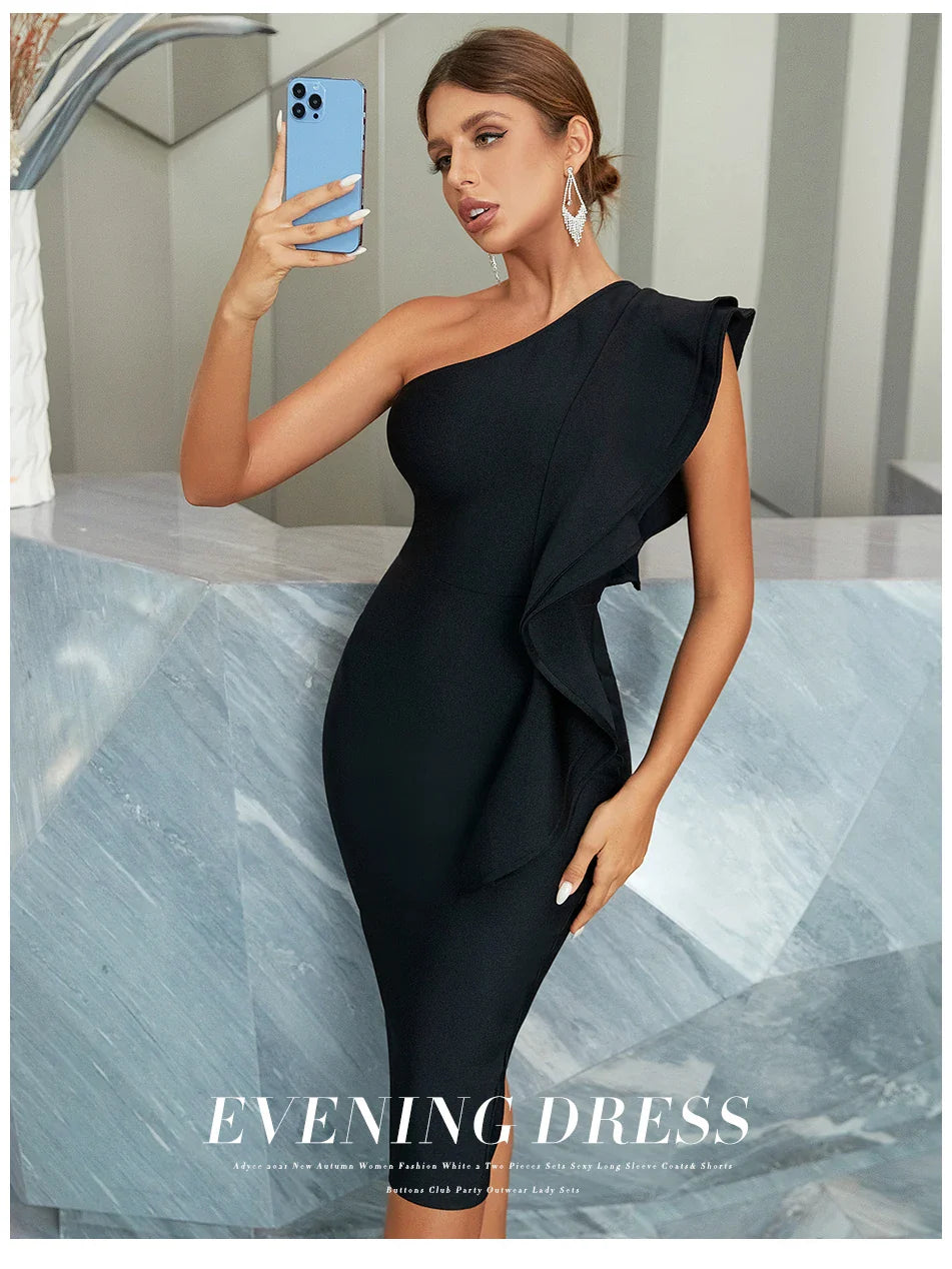 One Shoulder Black Bodycon Bandage Dress Midi For Party