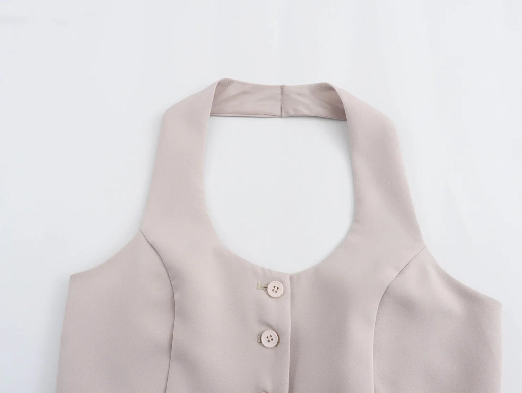 Women Fashion Solid Vest Pant Suit Set with Single Breasted Halter Cropped Top and High Waist Patchwork Trousers for Office Wear