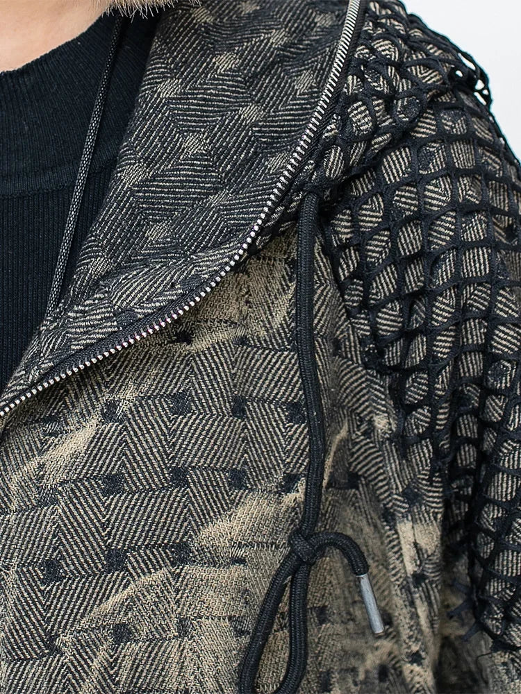 Vintage Denim Two Piece Women's Jacket and Pants Set with Hooded Coat and Casual Mesh Pants