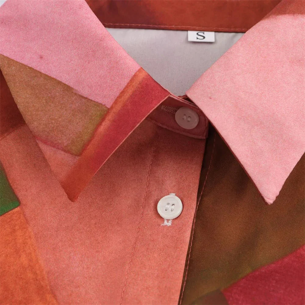 Spring Collar Long Sleeve Single Breasted Women's Casual Shirt with Geometric Print and Silk Texture