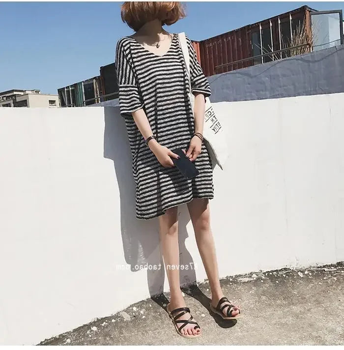 Summer Women's Striped T-Shirt Dress Loose Fit Short Sleeve Casual Tee for Home Wear