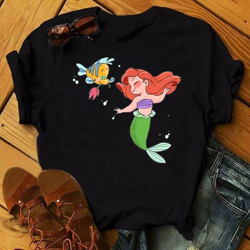 Cute Disney Princess Pattern Women's Cotton T-Shirt Short Sleeve Kawaii Graphic Tee for Casual Wear