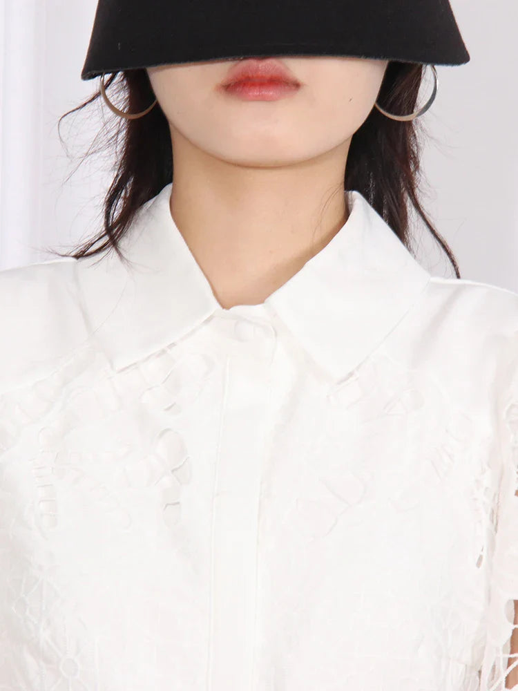 Patchwork Lace Hollow Dress Belted Lantern Sleeve For Women