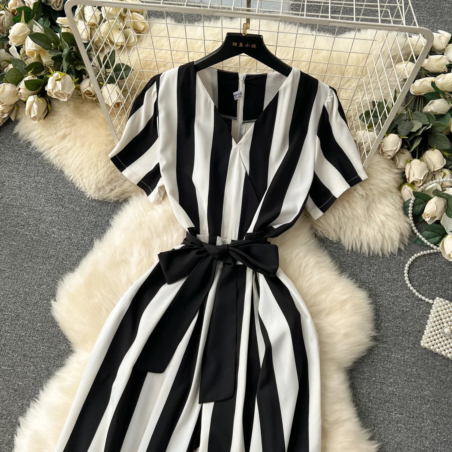 Sleeveless V Neck Stripe Jumpsuit for Women with Lace Up Bow Detail Summer Long Romper High Street Korean Inspired Style
