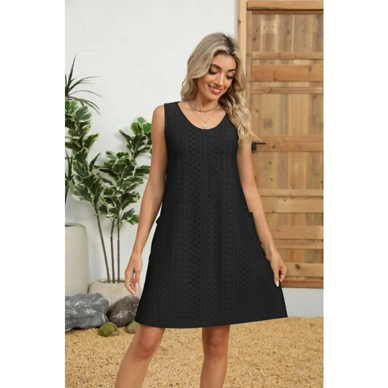Loose Sleeveless Dress With Pockets Round Neck Solid Color