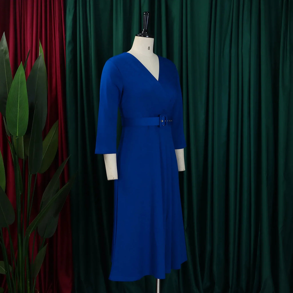 V Neck Office Dress For Women Belted Pleated Mid Calf