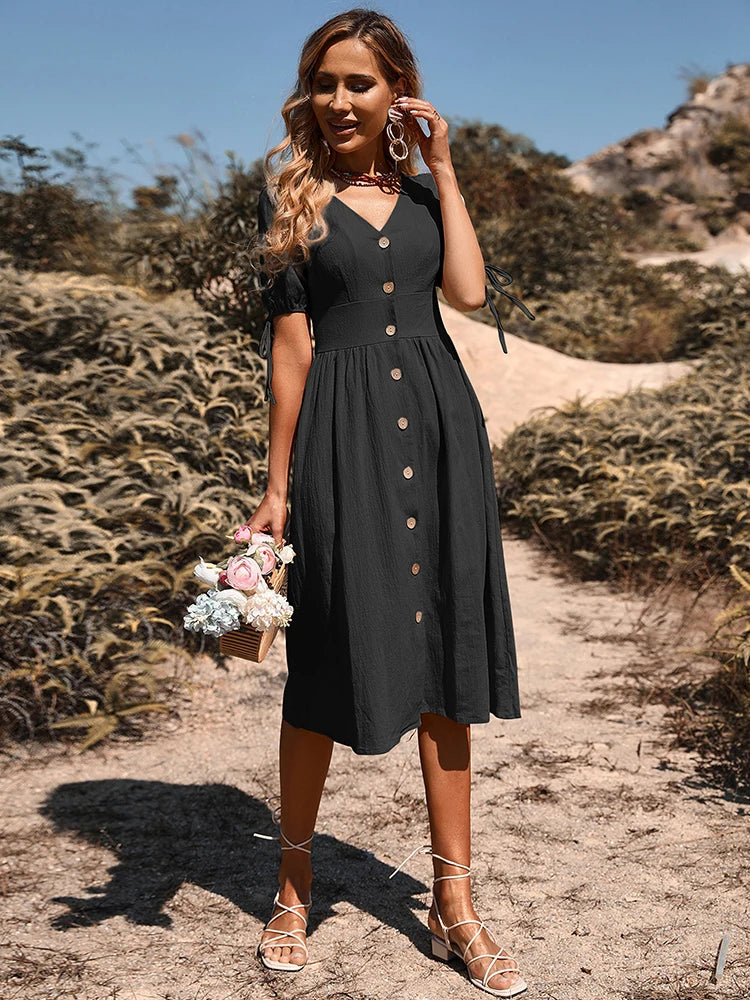 Women's V Neck Button Down Midi Dress Aline Sundress