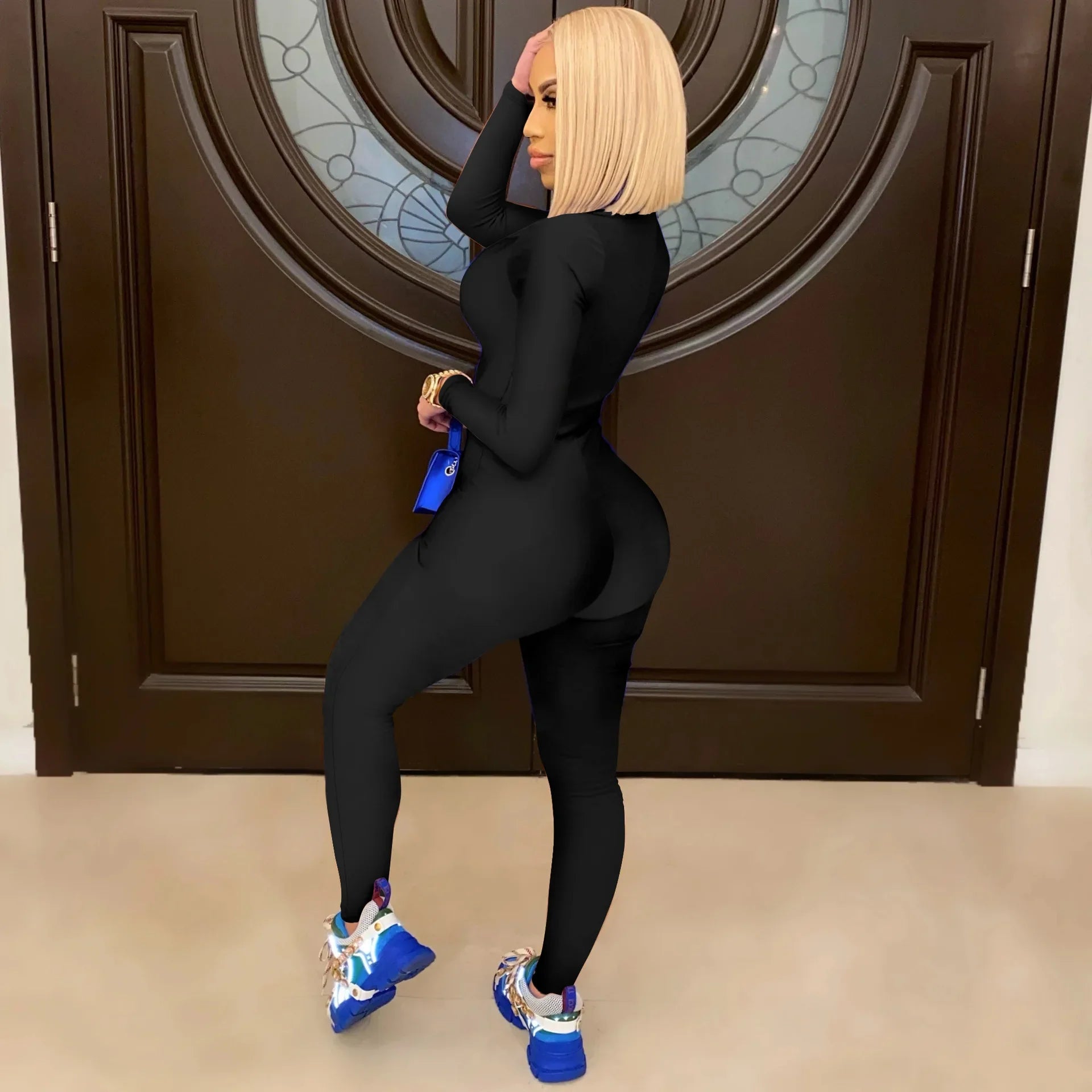 Women's Bodycon One-Piece Jumpsuit with Long Sleeves and Large Front Zipper Casual Sporty Skinny Workout Overalls Top