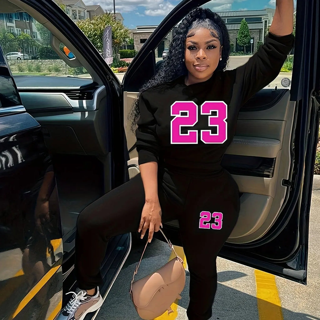 Casual Women's Two Piece Set with Kangaroo Pocket Round Neck Sweatshirt and Solid Color Long Sleeves