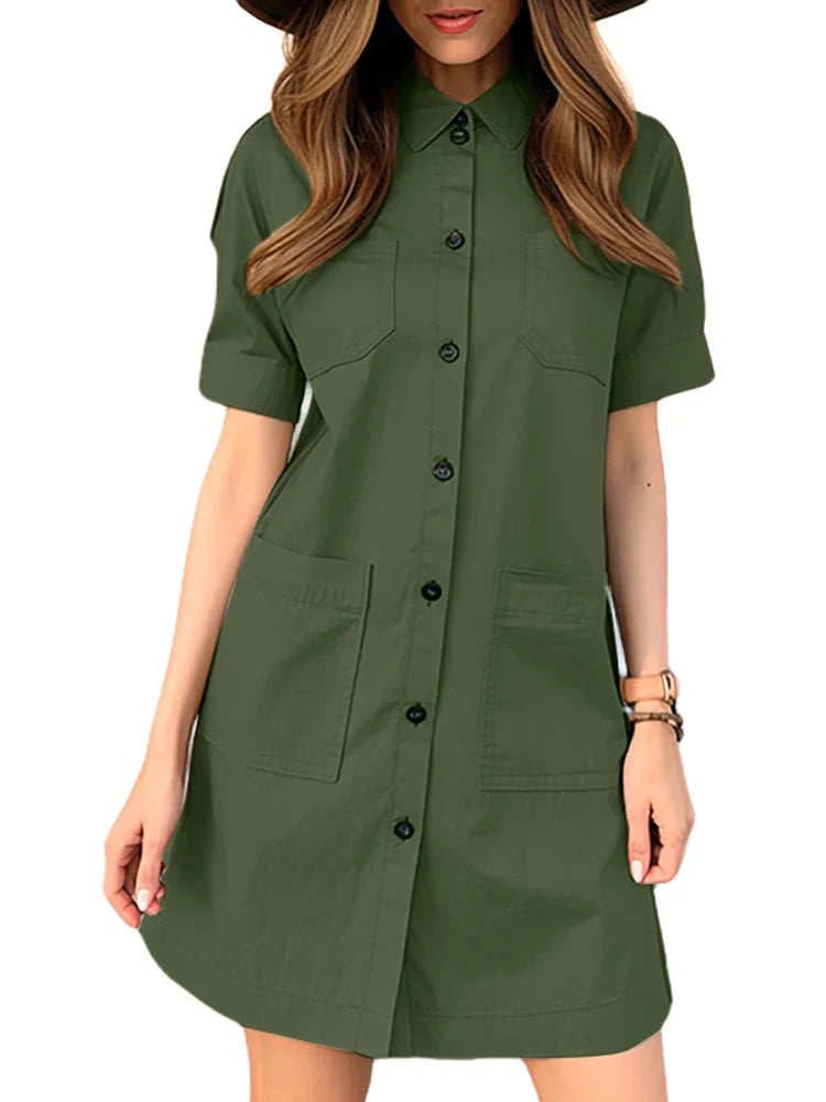 Summer Women Overalls Dress Short Sleeve Button Front