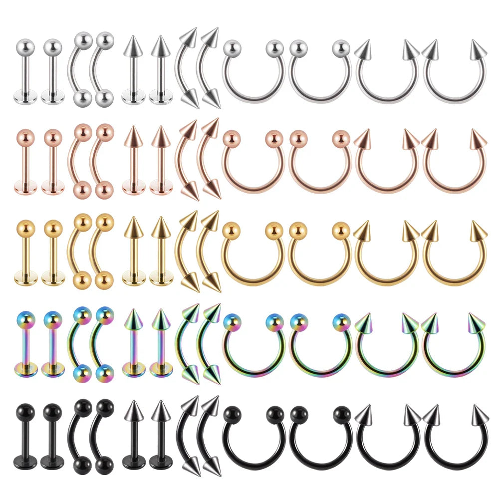 12 Piece Surgical Steel Piercing Jewelry Set with Gold Plated Black Rainbow Ear Nose and Eyebrow Labret 8mm