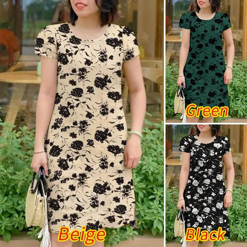 Bohemian Floral Sundress For Women Knee Length Short Sleeve
