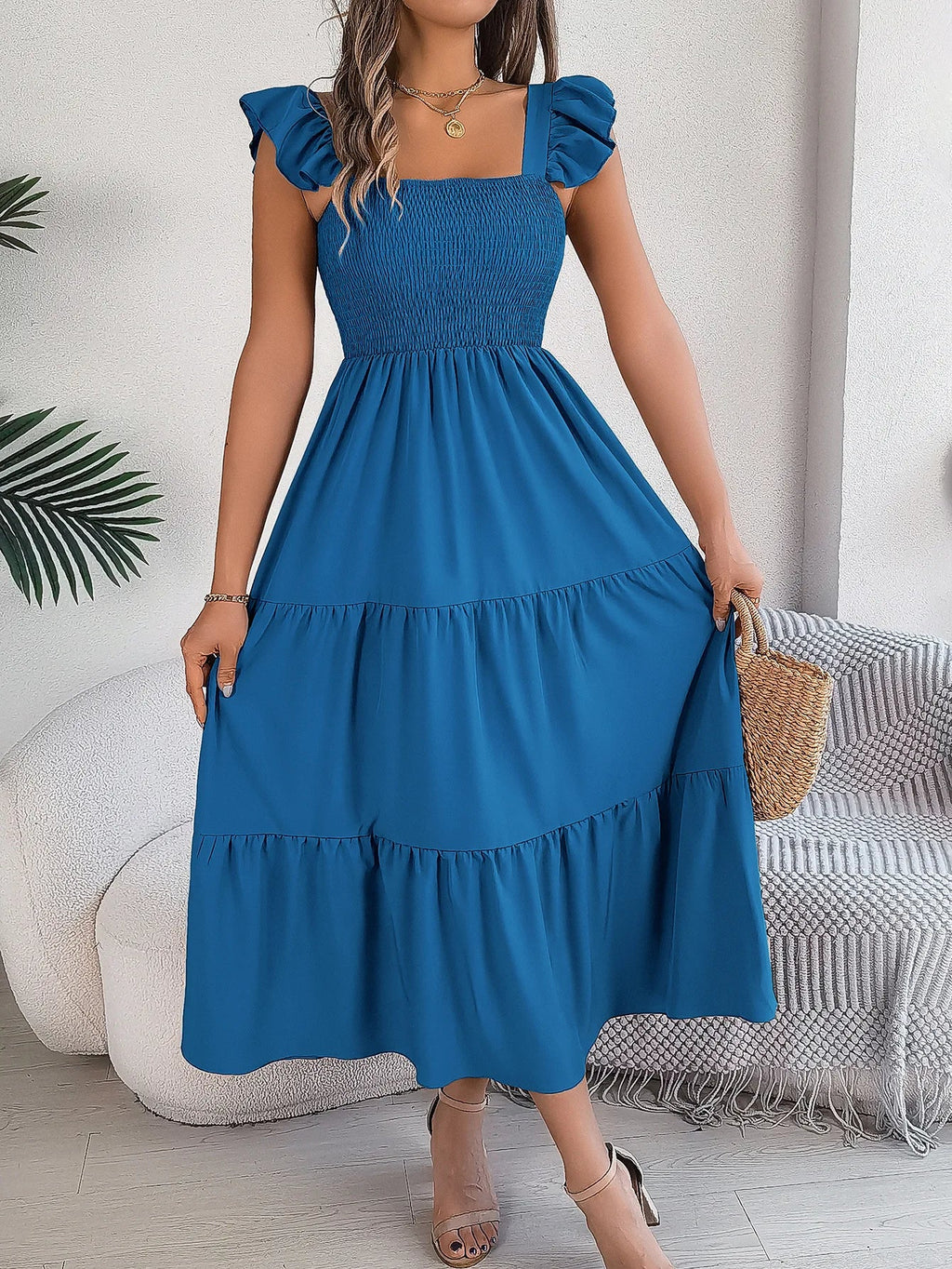 Square Neck Maxi Dress for Women Solid Summer Color