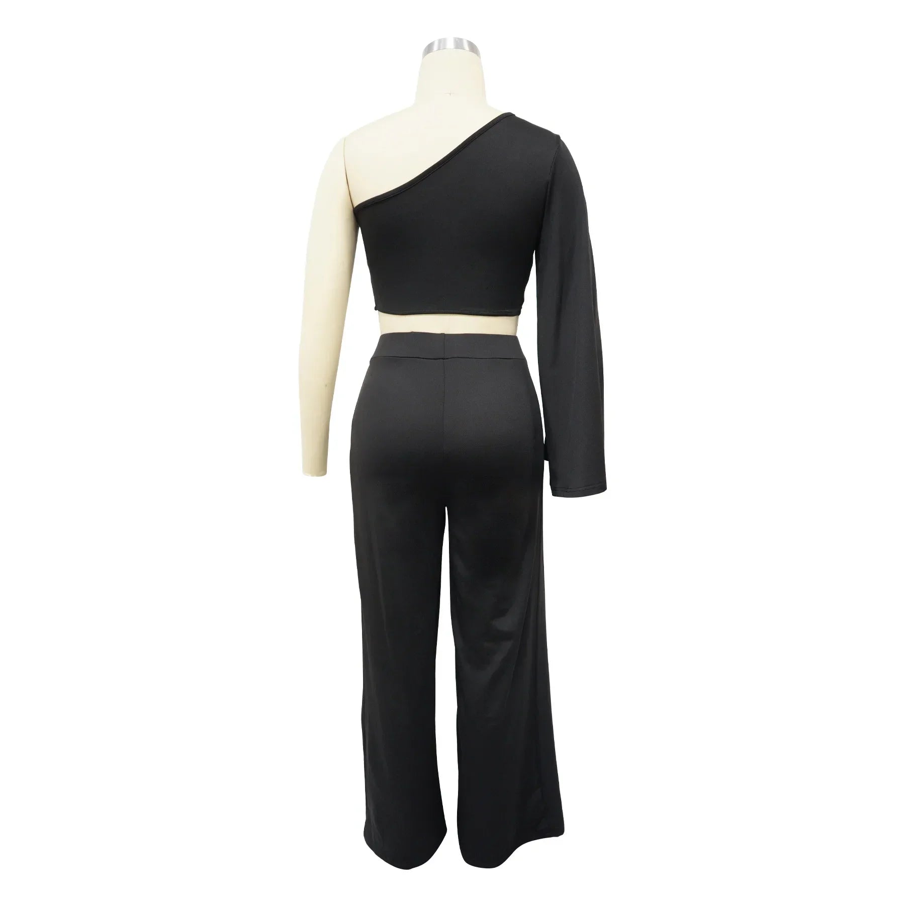 Women's Ruched One Shoulder Sleeve Crop Top and Wide Leg Pants Two Piece Set Outfit