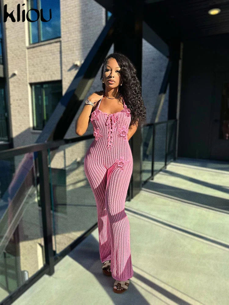 Knitted Floral Women Jumpsuit Sexy Pleated Halter Neck Bandage Low Back Skinny Overalls Trendy Solid Streetwear