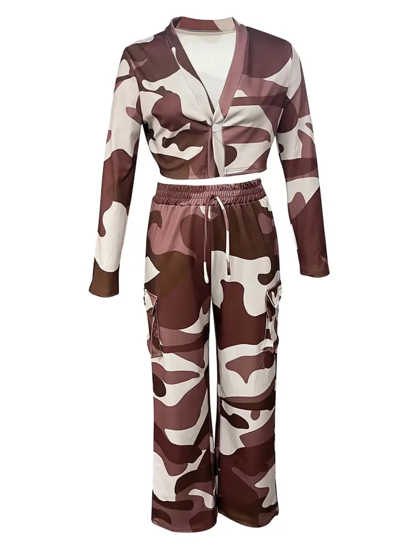 Camo Print Cargo Pants Set with Sexy Crop Top and High Waist Wide Leg Trousers for Women