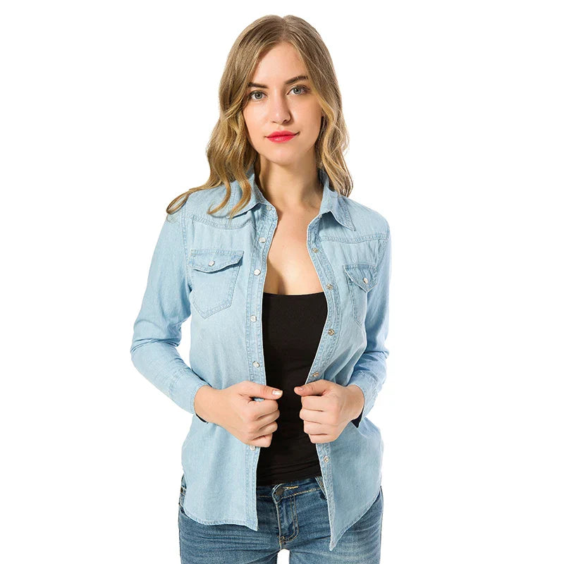 Elegant Sky Blue Denim Shirt for Women Long Sleeve Blouse with Pearl Buttons and Front Pockets Breathable Cotton Korean Style Top