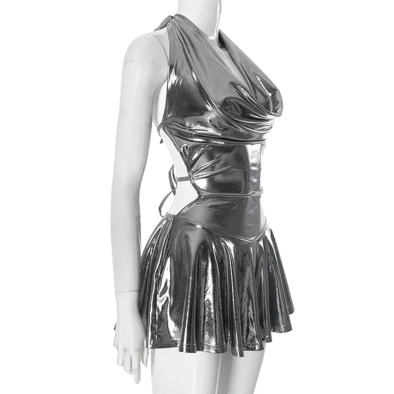 Metallic V Neck Backless Pleated Mini Dress For Women