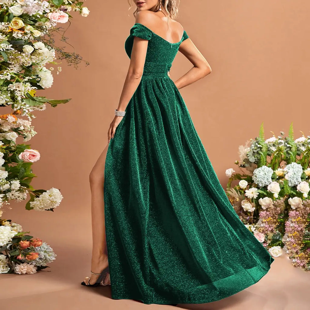 Green Off Shoulder Glitter Dress With Thigh Slit Sequins