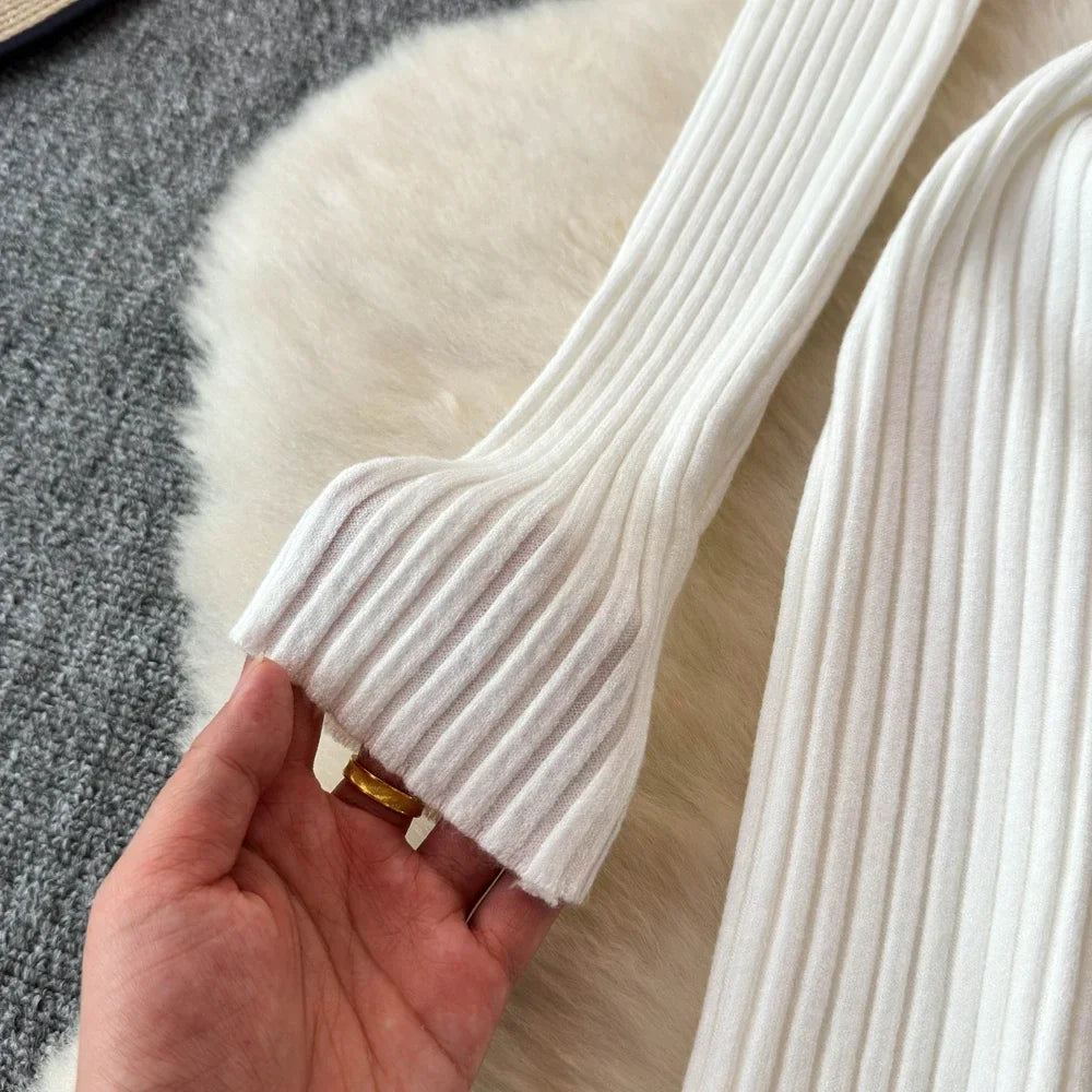 White Long Sleeve V Neck Lace Up Elegant Dress For Women