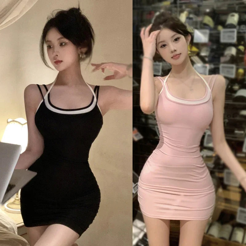 Halter Neck Summer Suspender Dress Contrast Sleeveless