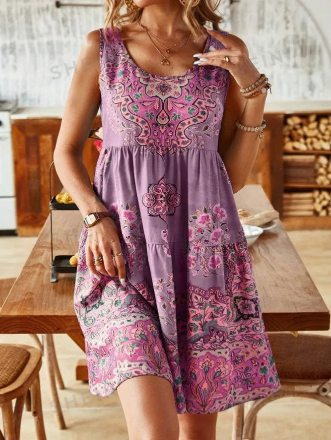 Summer Print Dress Sleeveless V Neck For Women Resort Wear