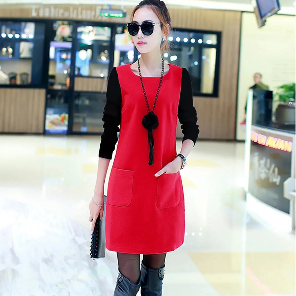 Women Velvet Padded Sweatshirt Dress With Pocket Detail