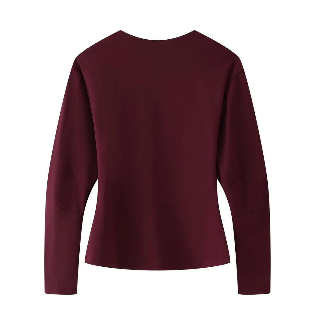 Casual Chic Red Women Elastic Two-Piece Set Long Sleeve Slim O Neck Top with High Waist Wide Leg Pants Stylish Spring Summer Outfit