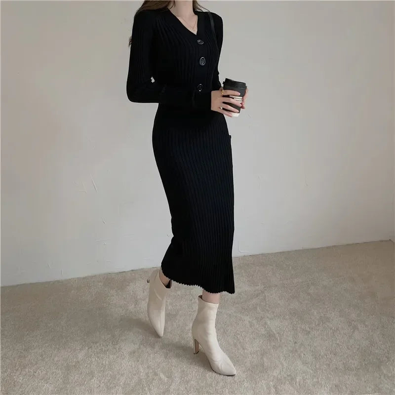 Knit V Neck Women Sweater Dress Long Sleeve Bodycon Office