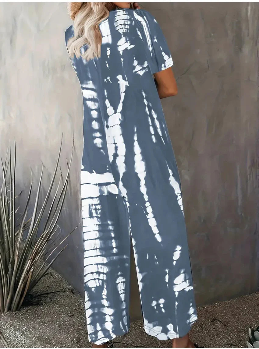 Plus Size Women Summer Jumpsuit Allover Print Wide Leg Short Sleeve Round Neck Relaxed Fit with Pockets Comfortable Casual Outfit