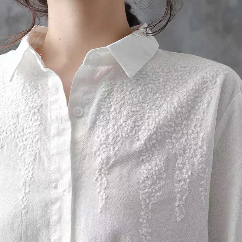 Cotton White Embroidered Long Sleeve Women's Shirt with Lapel Collar and Button Detail Casual Fashion Blouse for Everyday Wear