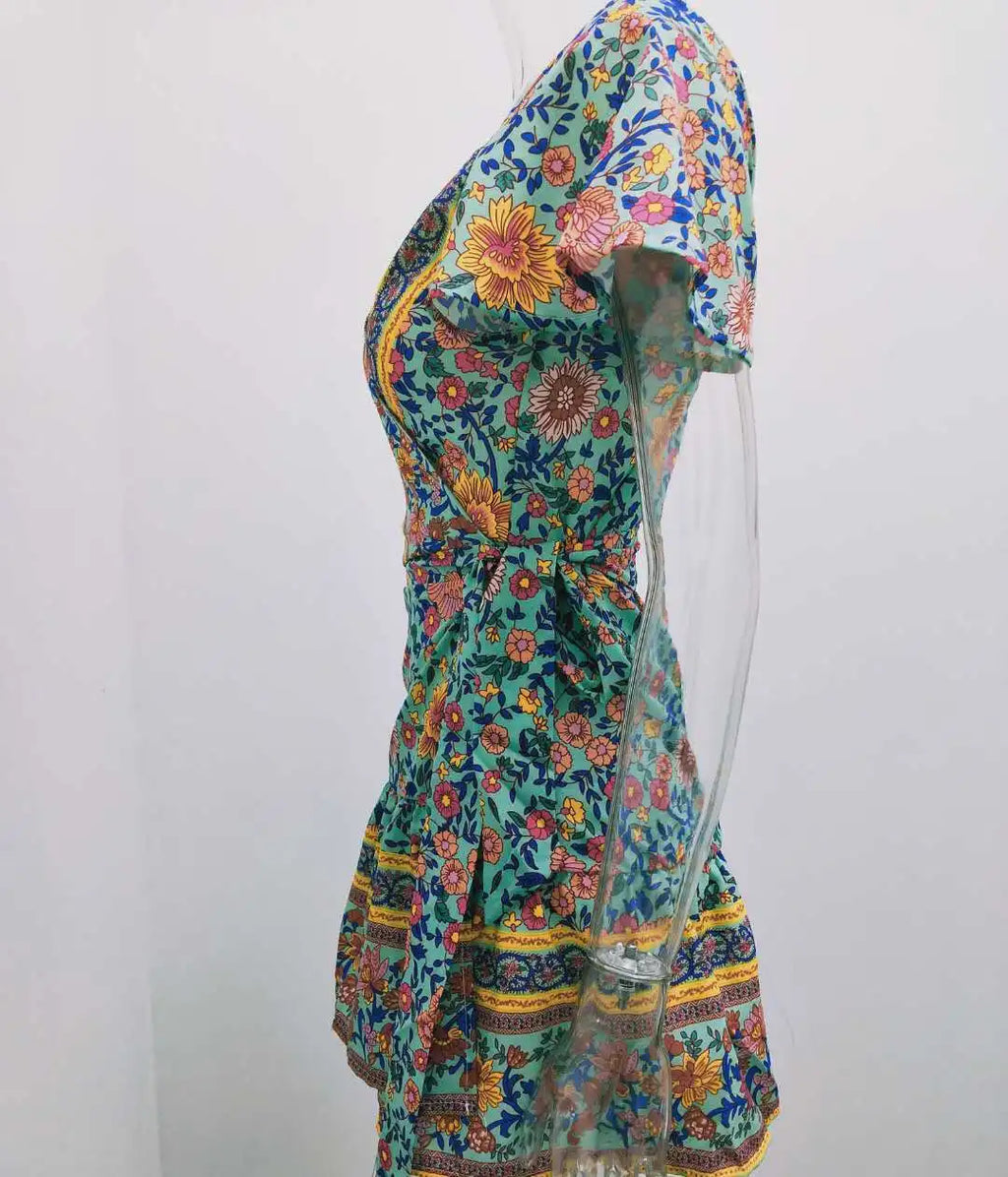 Bohemian Printed Dress With V Neck Lace Up Short Skirt