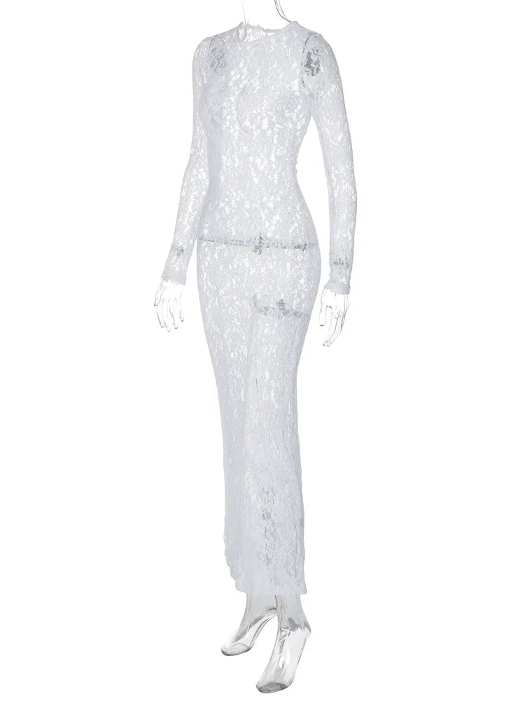 Floral Print Sheer Maxi Dress Long Sleeve Bodycon Evening