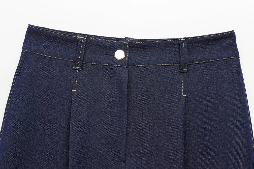 Fashion Women Solid Jacket and Wide Leg Pant Set with Cropped Coat and Zipper Details