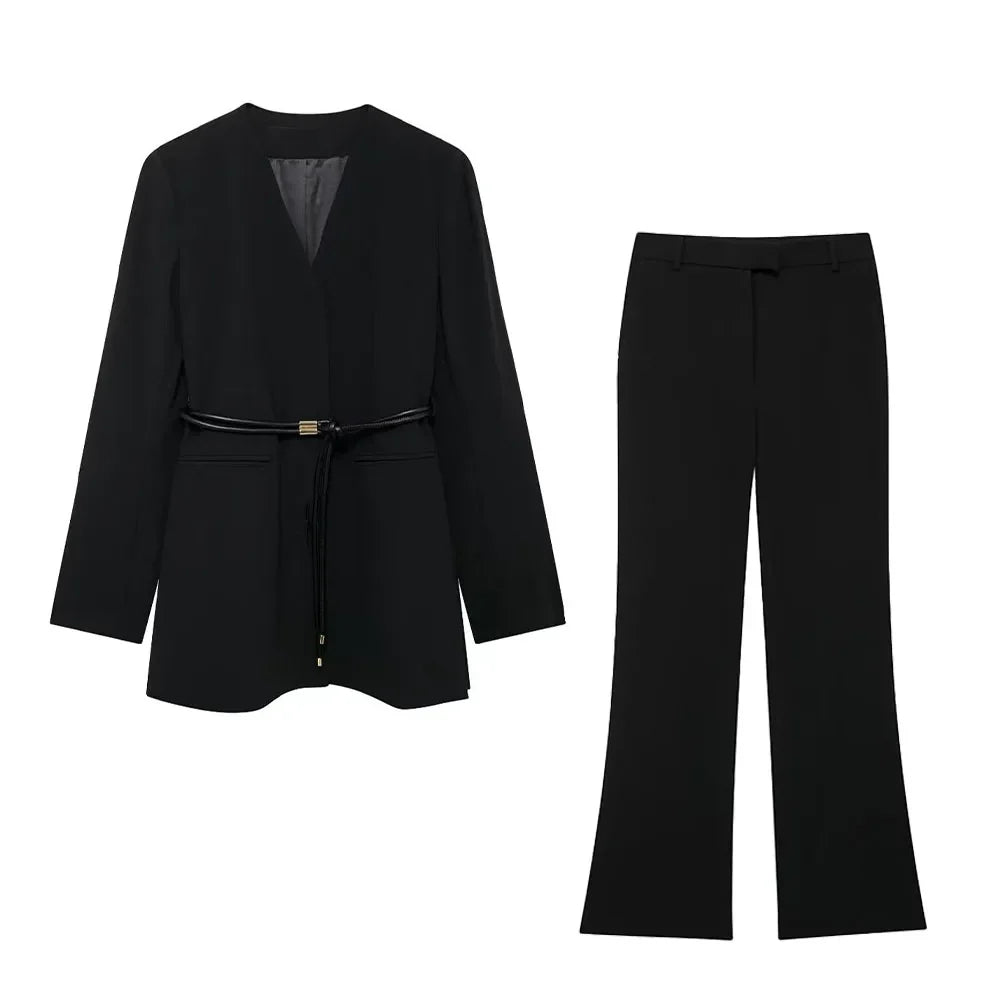 Women's Fashion Long Sleeve Suit Jacket with Belt and Zipper Straight Pants Set