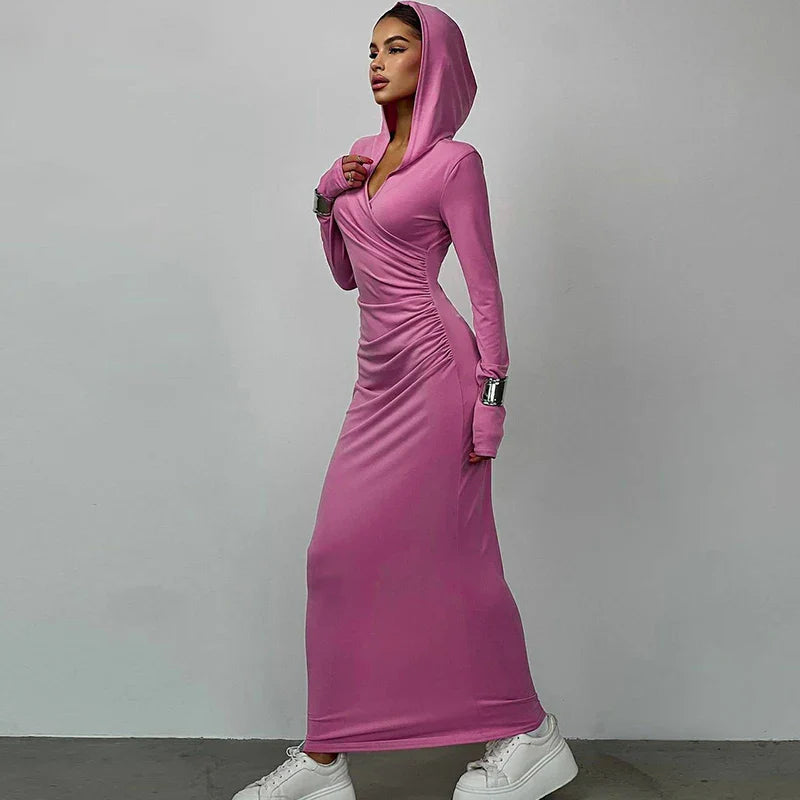 V Neck Solid Maxi Dress With Draped Silhouette Long Sleeve