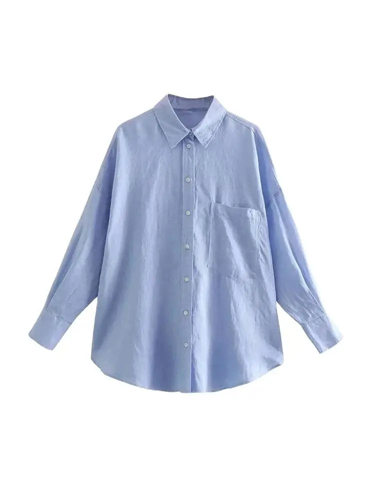 Women's Oversized Vintage Long Sleeve Button-Up Shirt with Pocket Chic Blouse Top