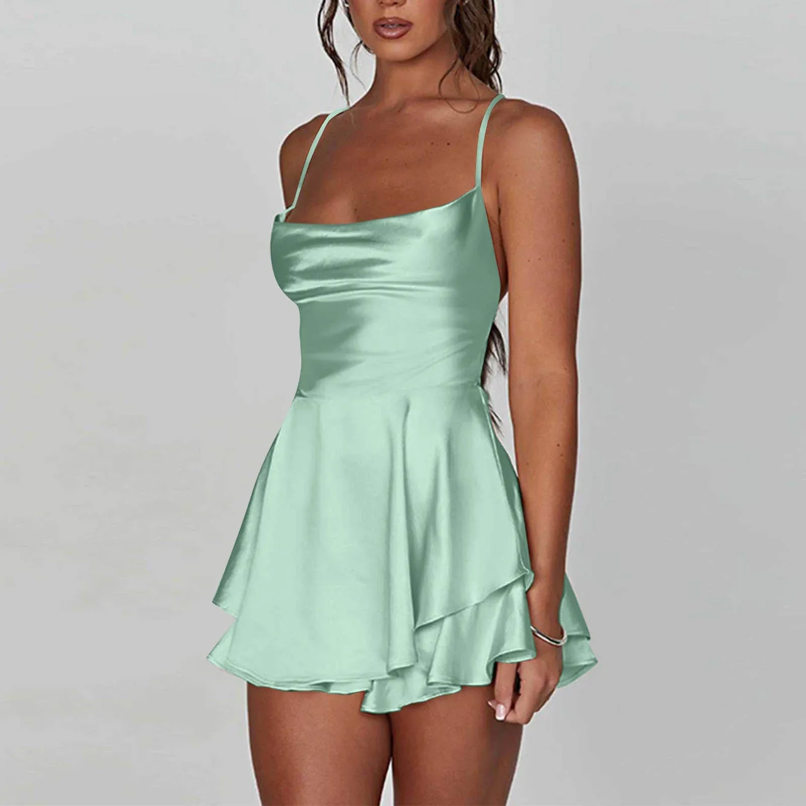 Backless Satin Party Dress With Cowl Neck Spaghetti Straps