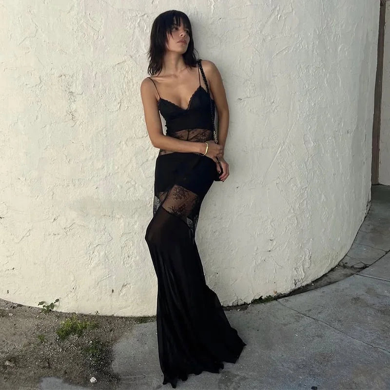 Black Backless Lace Maxi Dress For Women See Through