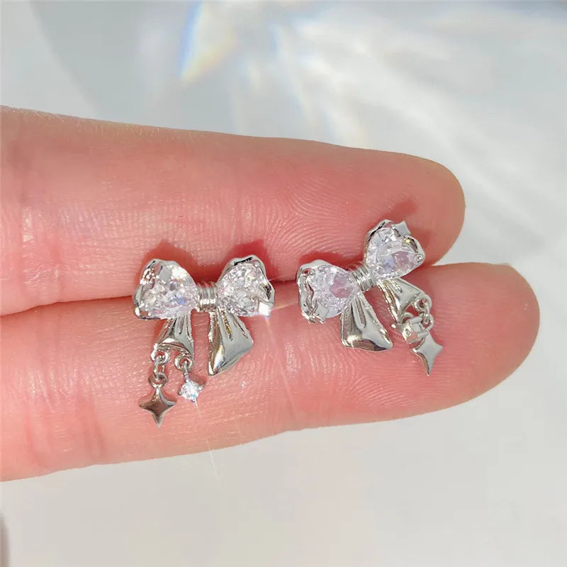 Y2K Bowknot Zircon Stud Earrings for Women with Pink Crystals in Silver Color Fashion Jewelry