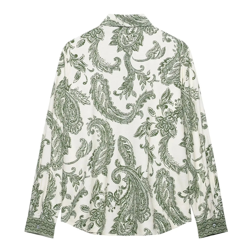 Women's Green Paisley Totem Flower Print Business Blouse Casual Retro Shirt with Turn-Down Collar and Button Closure