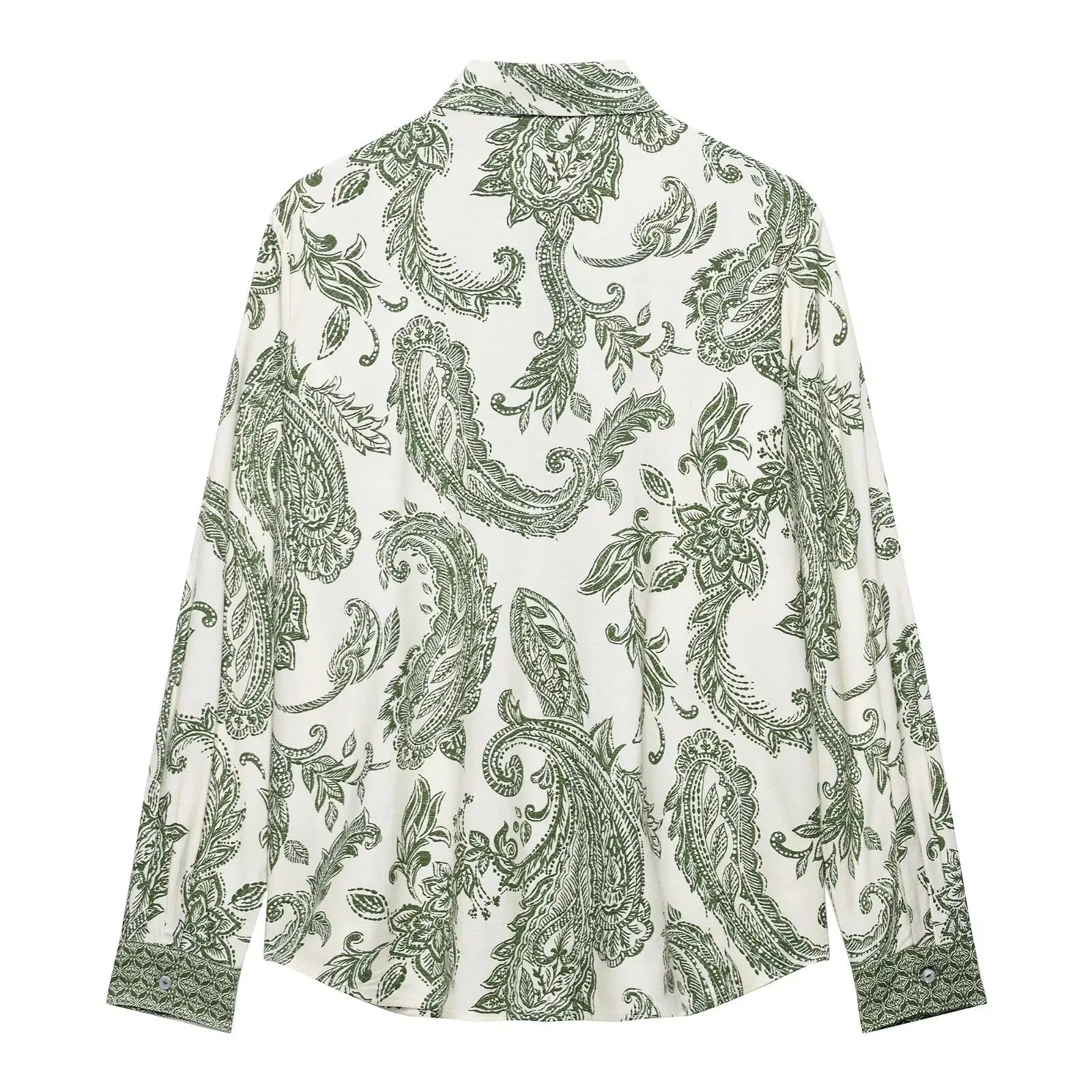 Women's Green Paisley Totem Flower Print Business Blouse Casual Retro Shirt with Turn-Down Collar and Button Closure