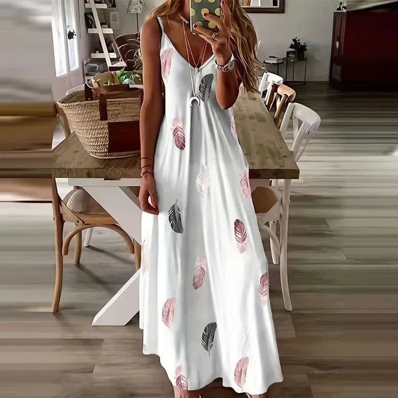 Feather Print Maxi Dress V Neck All Season Comfort Stretch