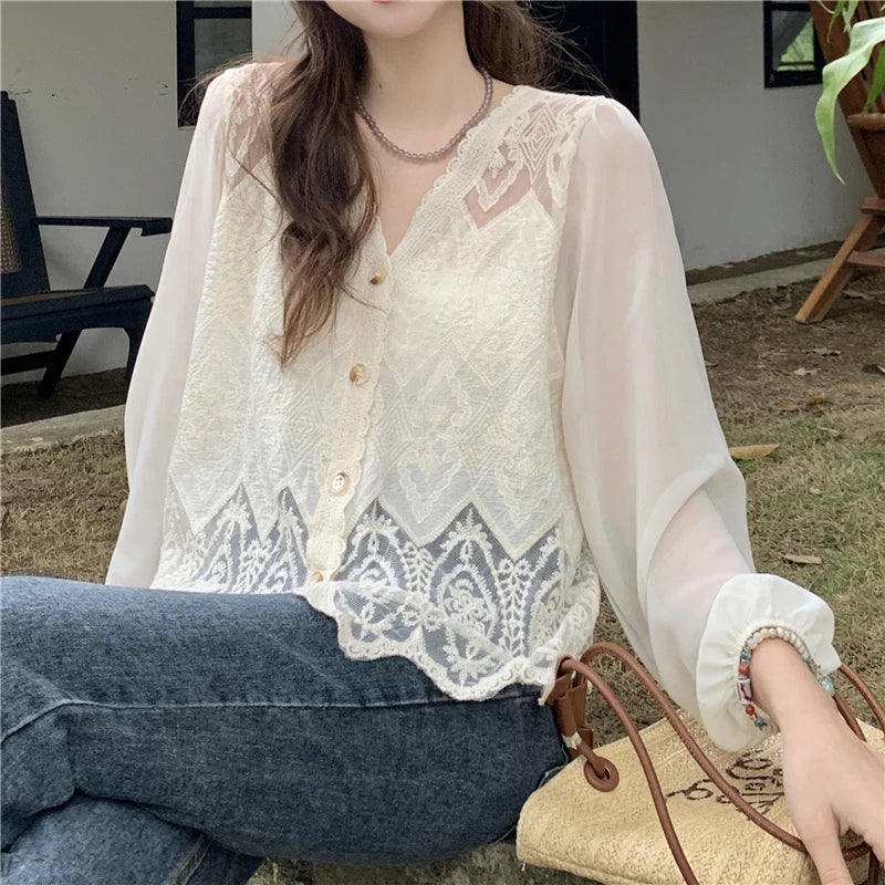 Lace Crochet Women's Blouse with V-Neck Patchwork Long Sleeve Single Breasted Shirt for Spring and Summer