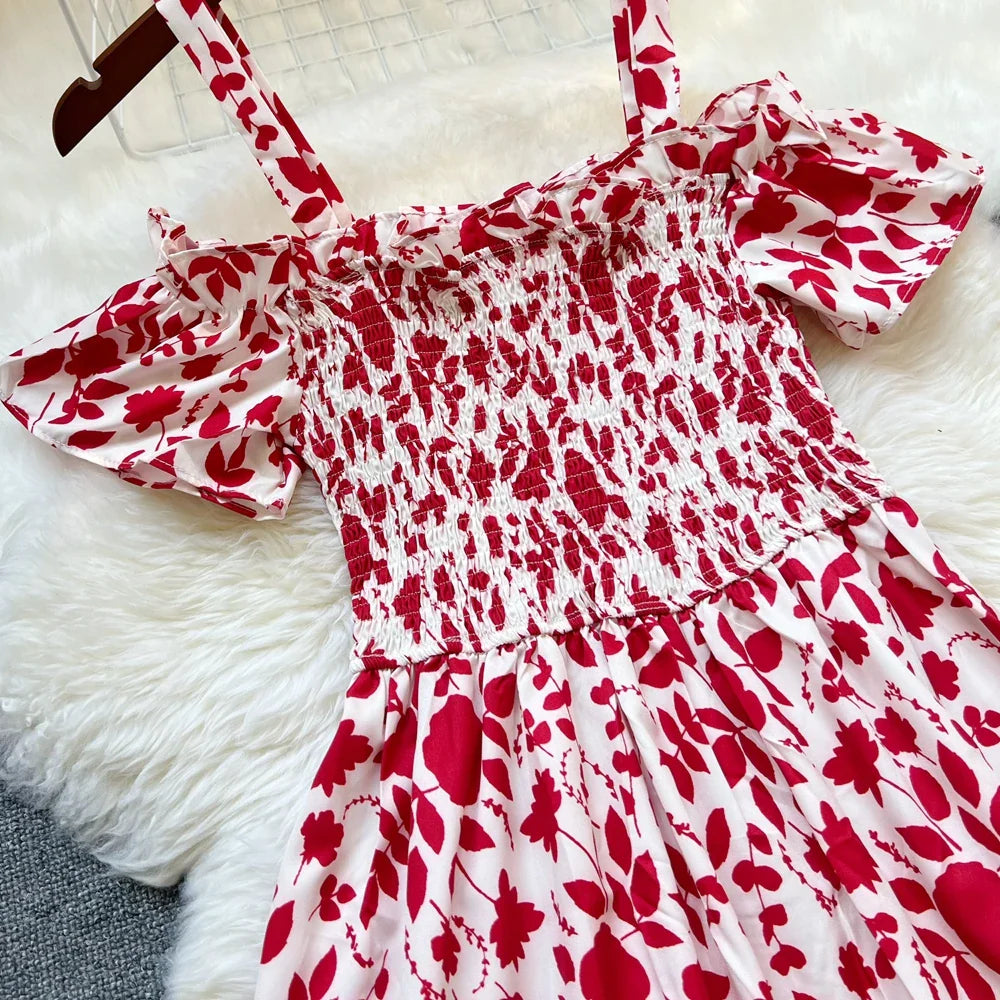 Floral Print Off Shoulder Summer Beach Dress For Women