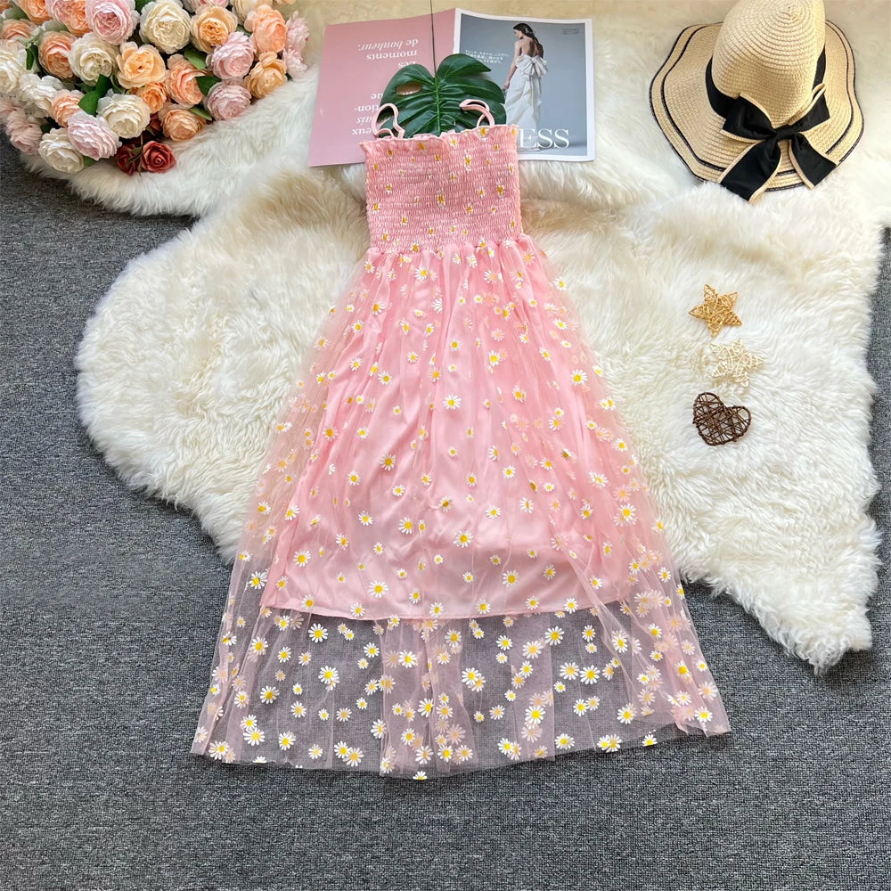 Floral Daisy Print Mesh Long Dress for Summer Vacation
