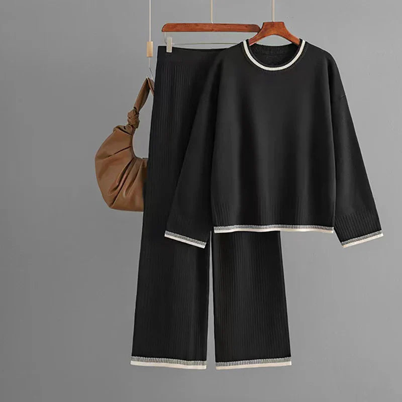 Elegant O-neck Long Sleeve Pullover and Wide Leg Pants 2 Piece Set for Women Casual Spring Outfits